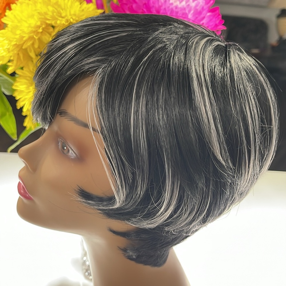 HAIR, Pixie cut, Swoop bangs, Black with Silver highlights.